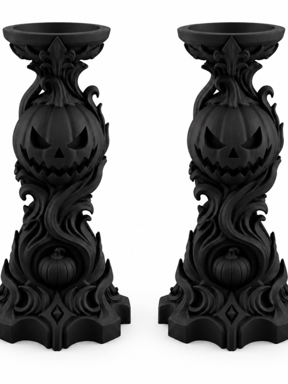Black Halloween Pumpkin Candle Holders - Decorative Pair 3d Printed